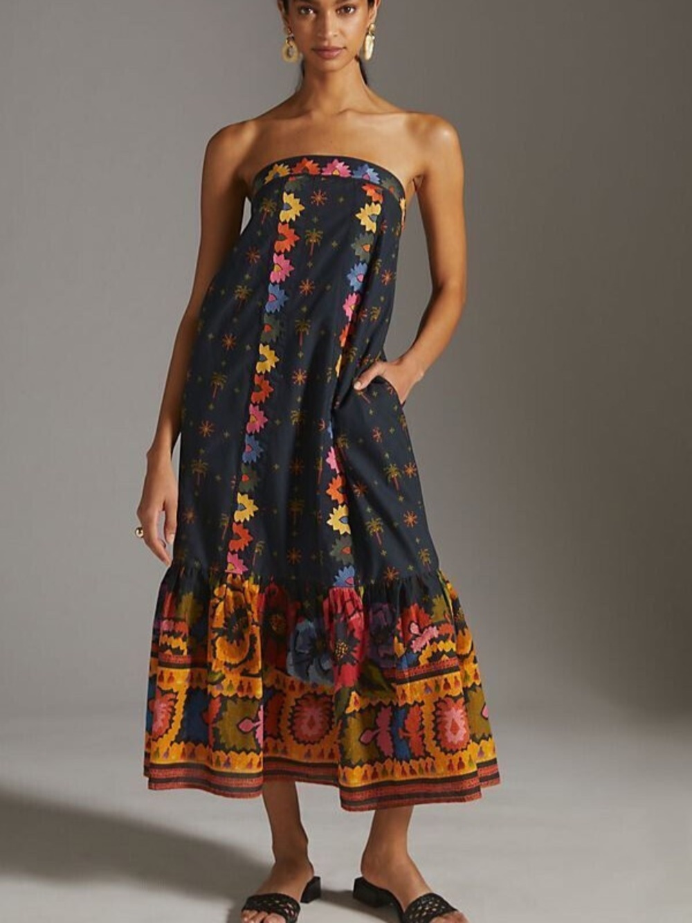FARM Rio - Folklore Black Strapless Maxi Dress with embroidery and vibrant desig